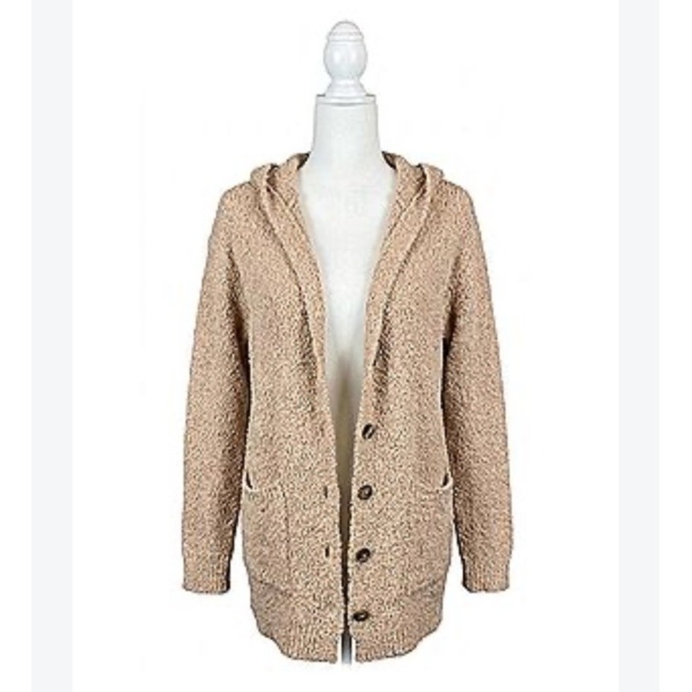 Beige Cream Hooded Bouclé Knit Cardigan Sweater Oversized Button Front Medium